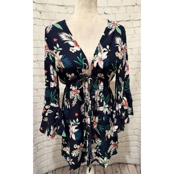 blue island Dresses & Skirts - Blue Island Blue Floral Short Tie Front Rayon Ruffle Sleeve Wrap Dress Small